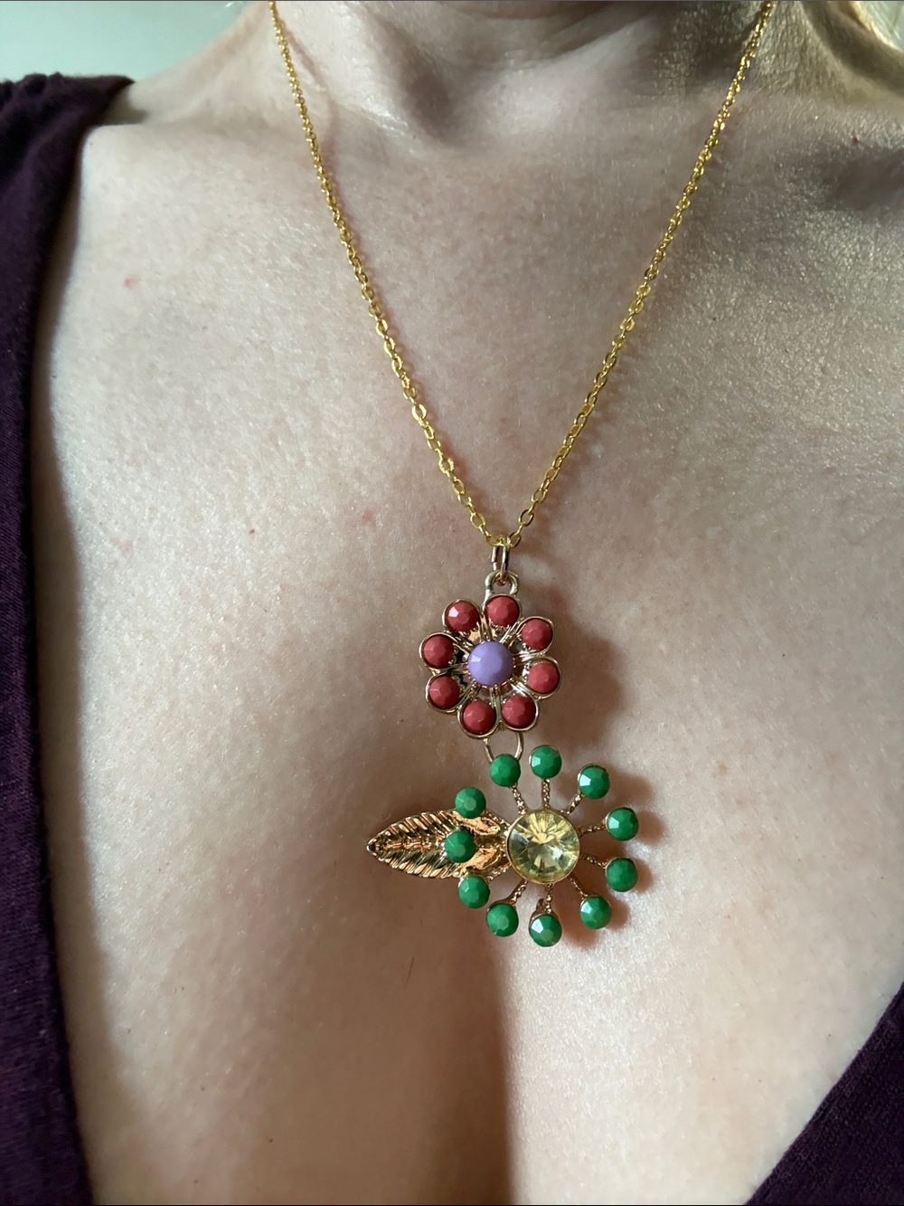 Hand-Crafted Gold-Tone Floral Pendant Necklace with Pink and Green Accents